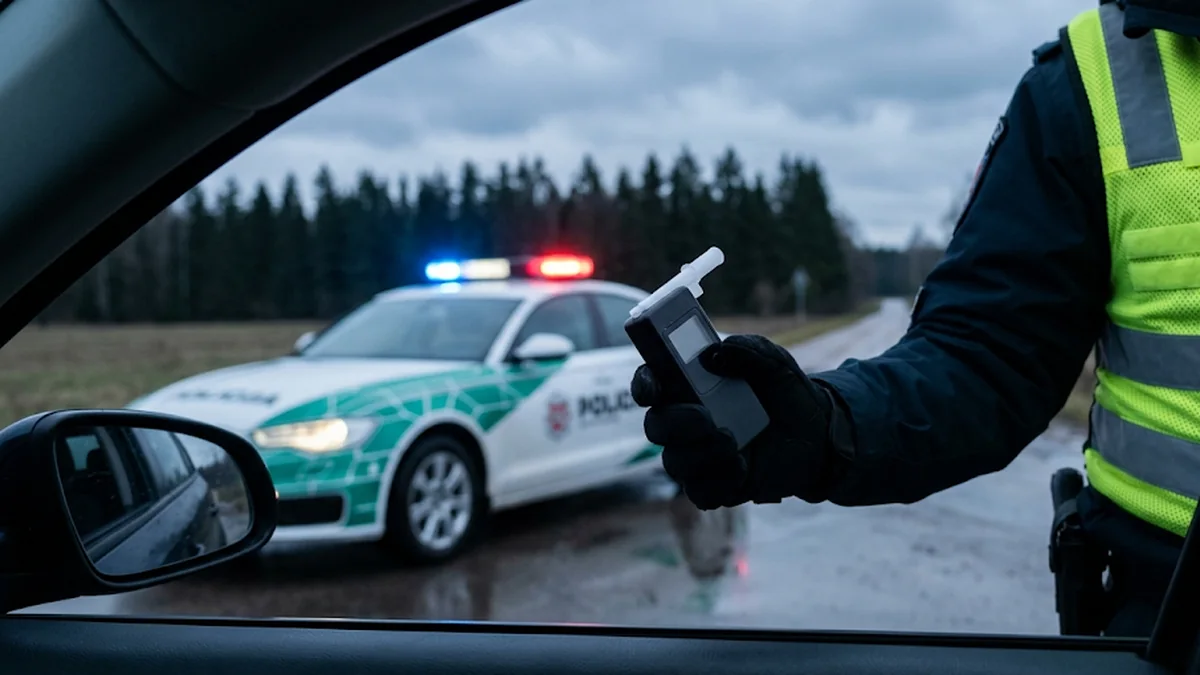 Pareigūnas paduoda alkotesterį per atidarytą vairuotojo langą